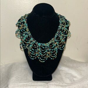 Intricate Beaded Necklace in Teal and Gold